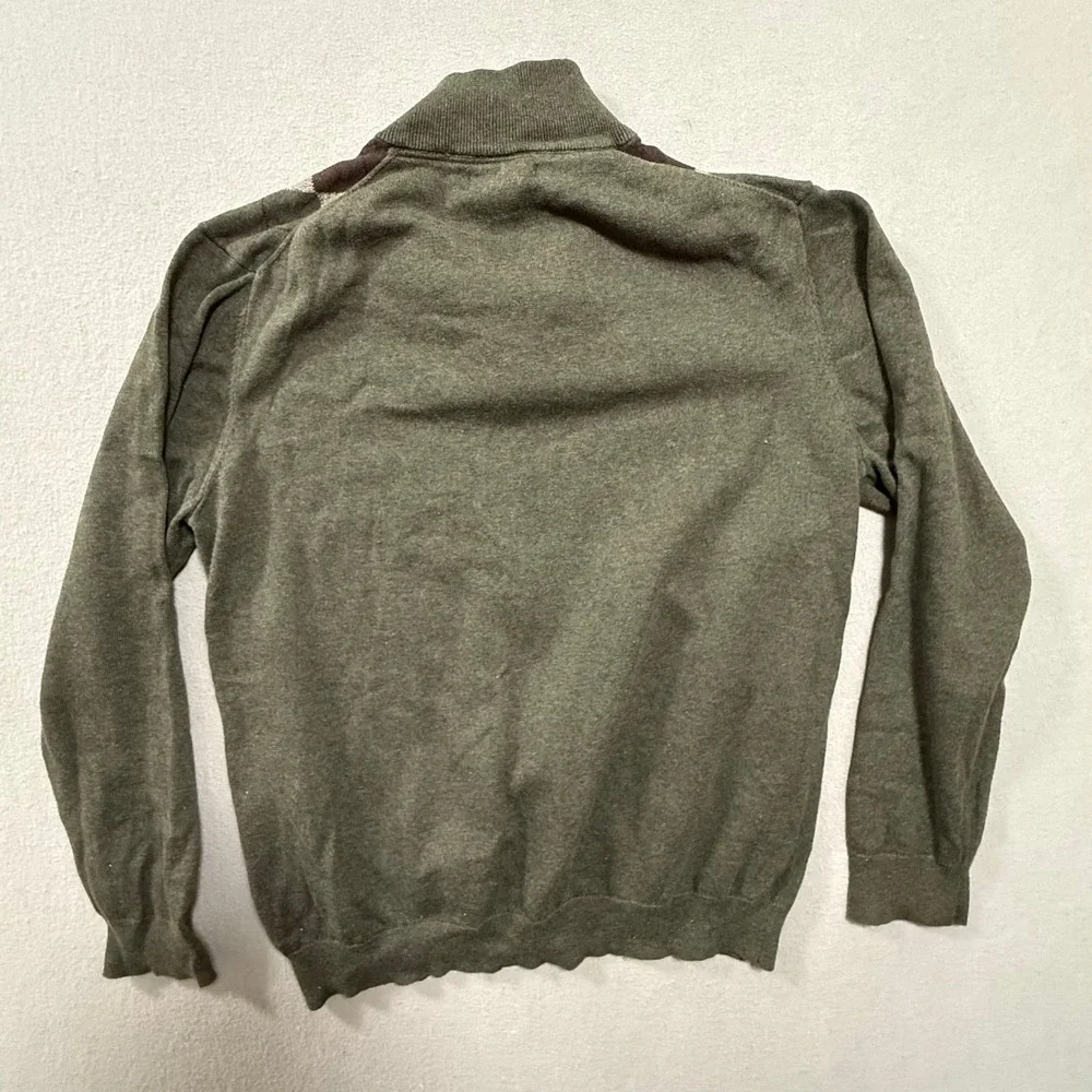 Preppy Retro Golf Green Grey Argyle 1/4 Zip‎ Cotton Pullover Sweater Men Medium